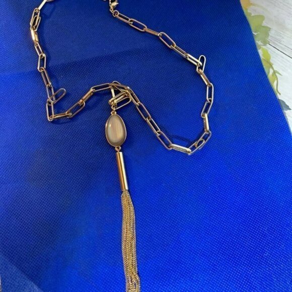Halogen Stone Y-Drop Tassel Oval Link Necklace - Picture 6 of 7